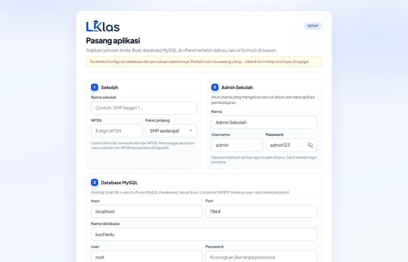 Wizard pasang aplikasi (hosting — dengan form database)
