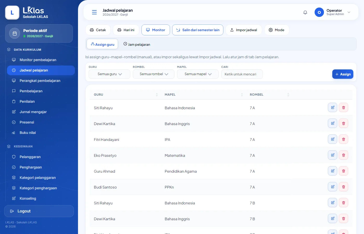 Jadwal pelajaran — tab Assign guru