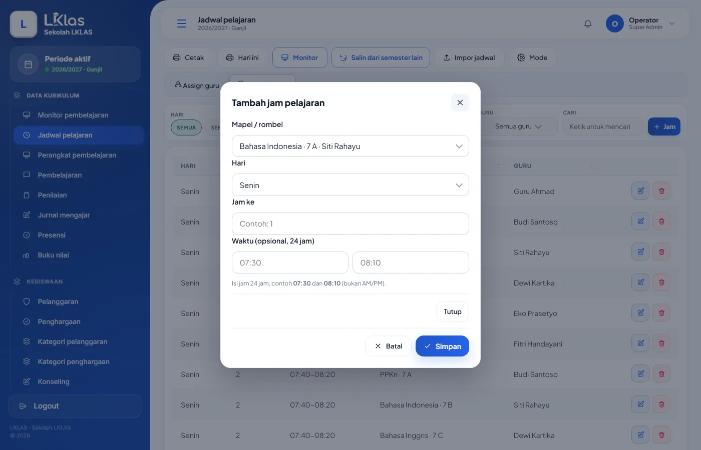 Form Tambah jam pelajaran